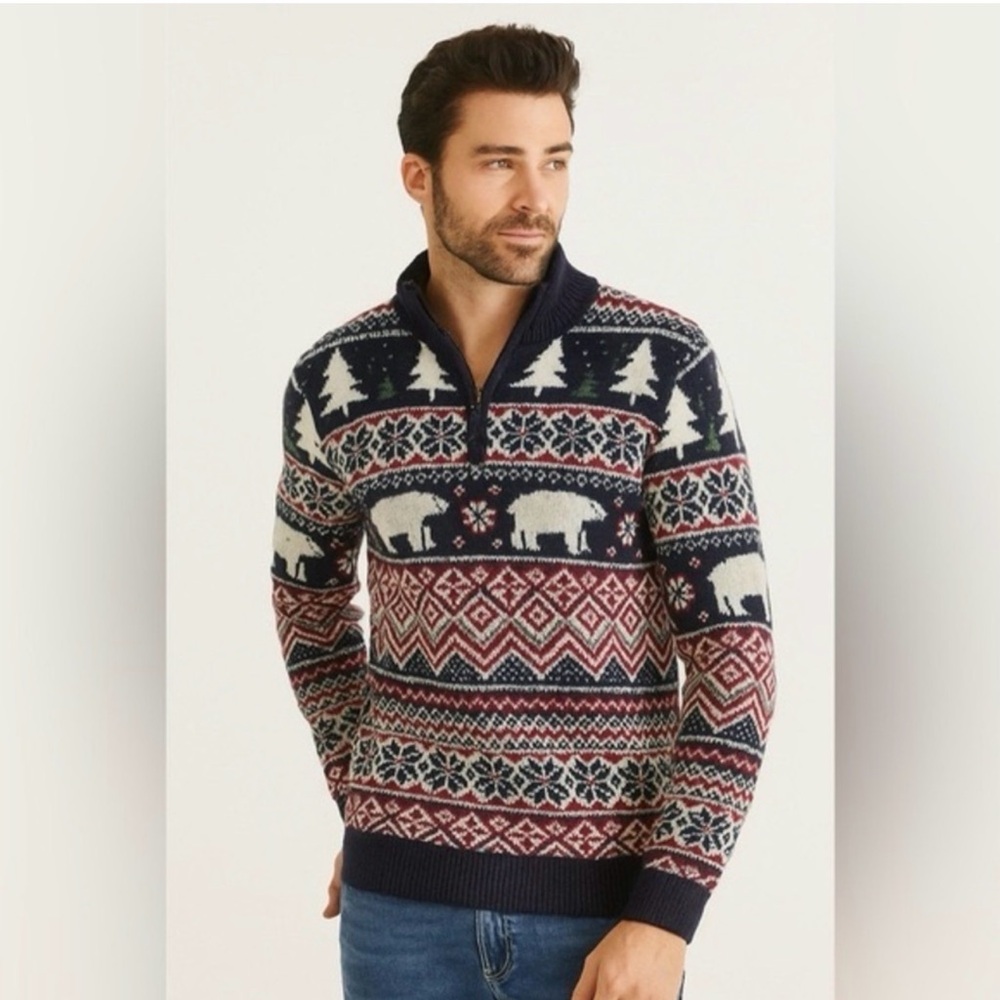 ASPEN Fair Isle Polar Bear Nordic Quarter Zip Mock Neck Sweater NWT Size Small